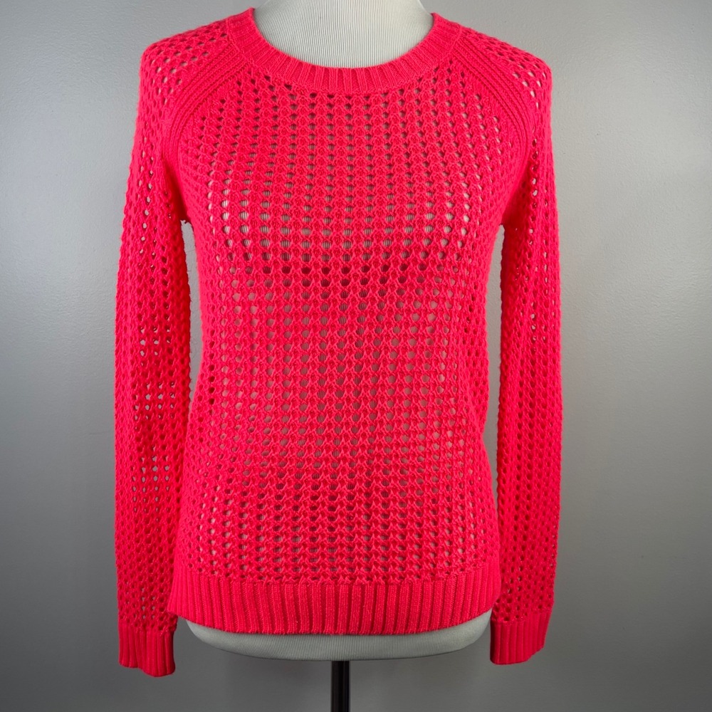 ANA A New Approach Womens Neon Pink Open Knit Crochet Sweater Long‎ Sleeve Small
